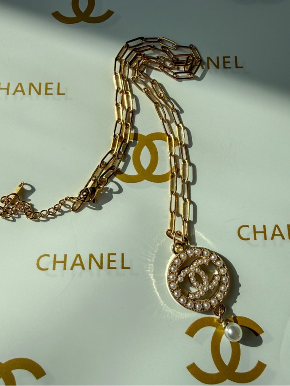 CHANEL Gold Pearl CC Medallion Necklace